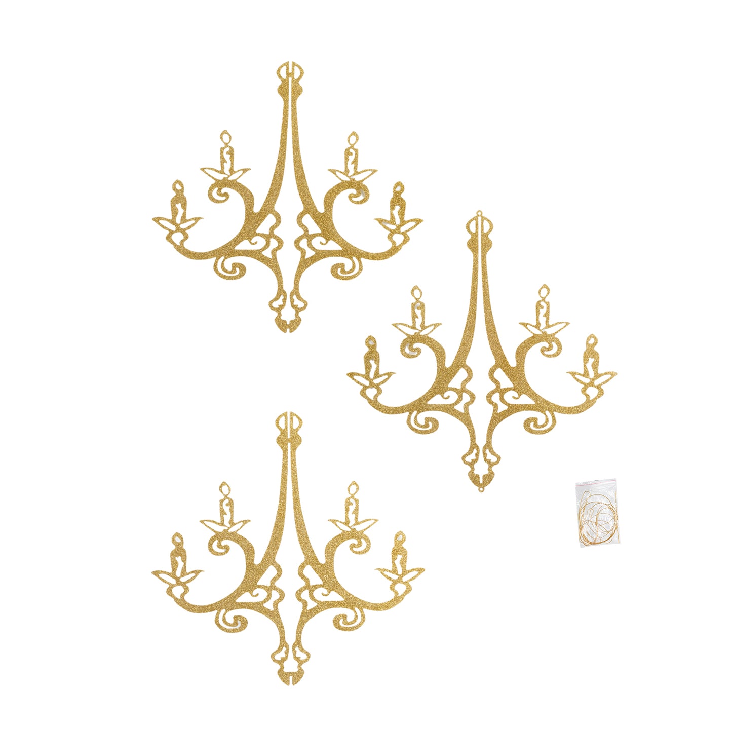 Gold glittered acrylic chandelier hanging decor with a 3D interlocking design.