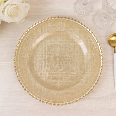 Glass Charger Plates – Gold with Beaded Rim & Cross-Stitch Pattern Glass Charger Plates – Gold with Beaded Rim & Cross-Stitch Pattern