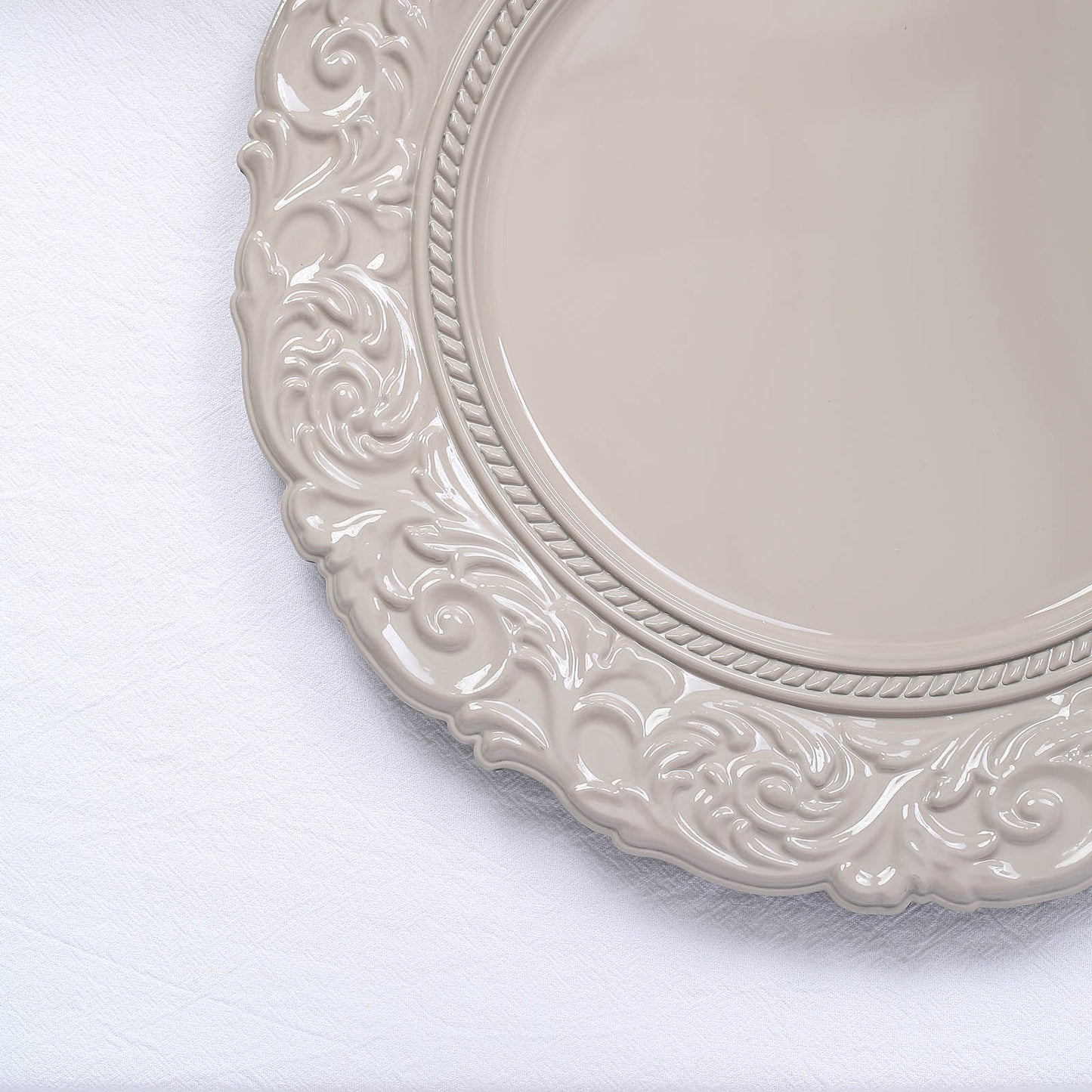6 Pack 14" Taupe Vintage Acrylic Serving Plates With Engraved Baroque Rim, Round Disposable Charger Plates