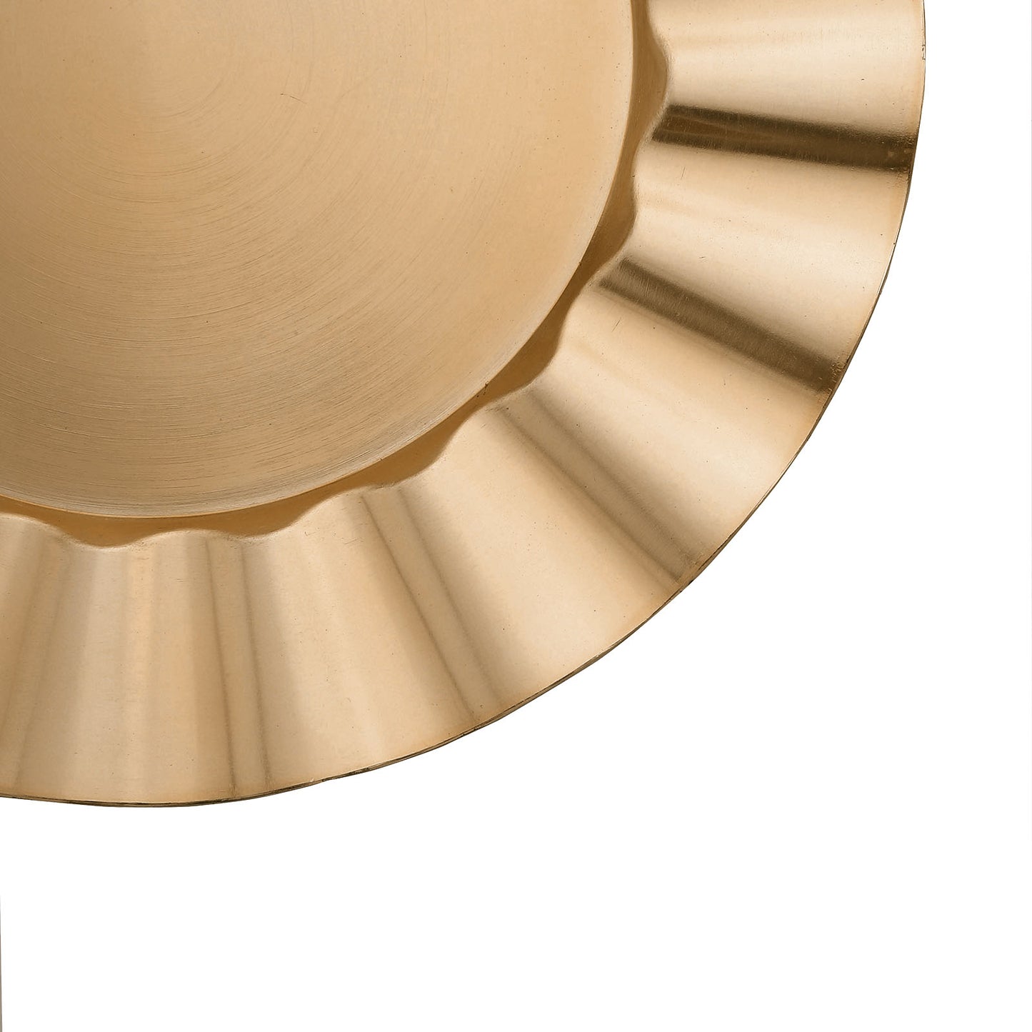Gold acrylic dinner plate charger with wavy scalloped rim.