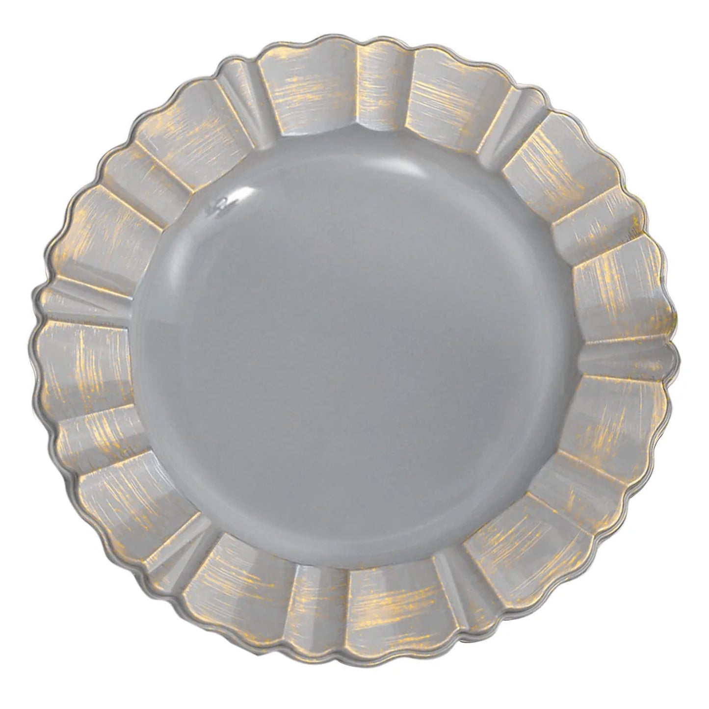 Charcoal gray acrylic charger plate with gold wavy scalloped rim.