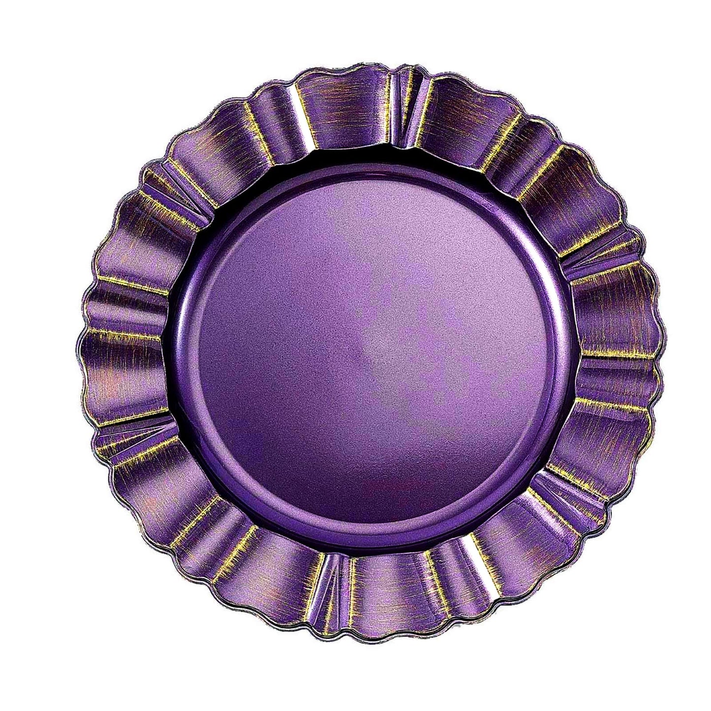 Purple acrylic charger plate with a gold brushed wavy scalloped rim.