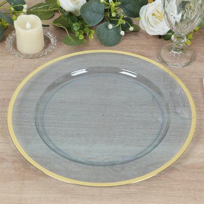 Transparent Dusty Blue Charger Plates with Gold Rim for Beautiful Table Settings Transparent Dusty Blue Charger Plates with Gold Rim for Beautiful Table Settings