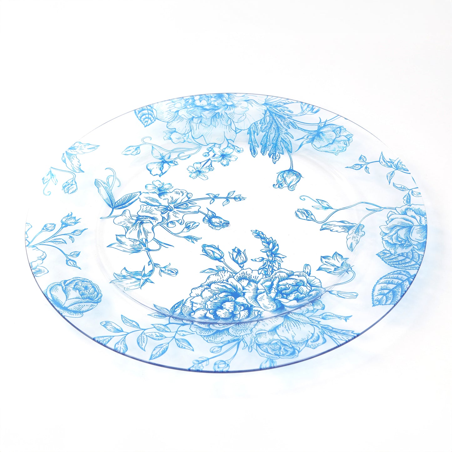 6 Pack Round Floral Acrylic Charger Plates in French Toile Pattern, 13" Clear Light Blue Dinner Charger Event Tabletop Decor