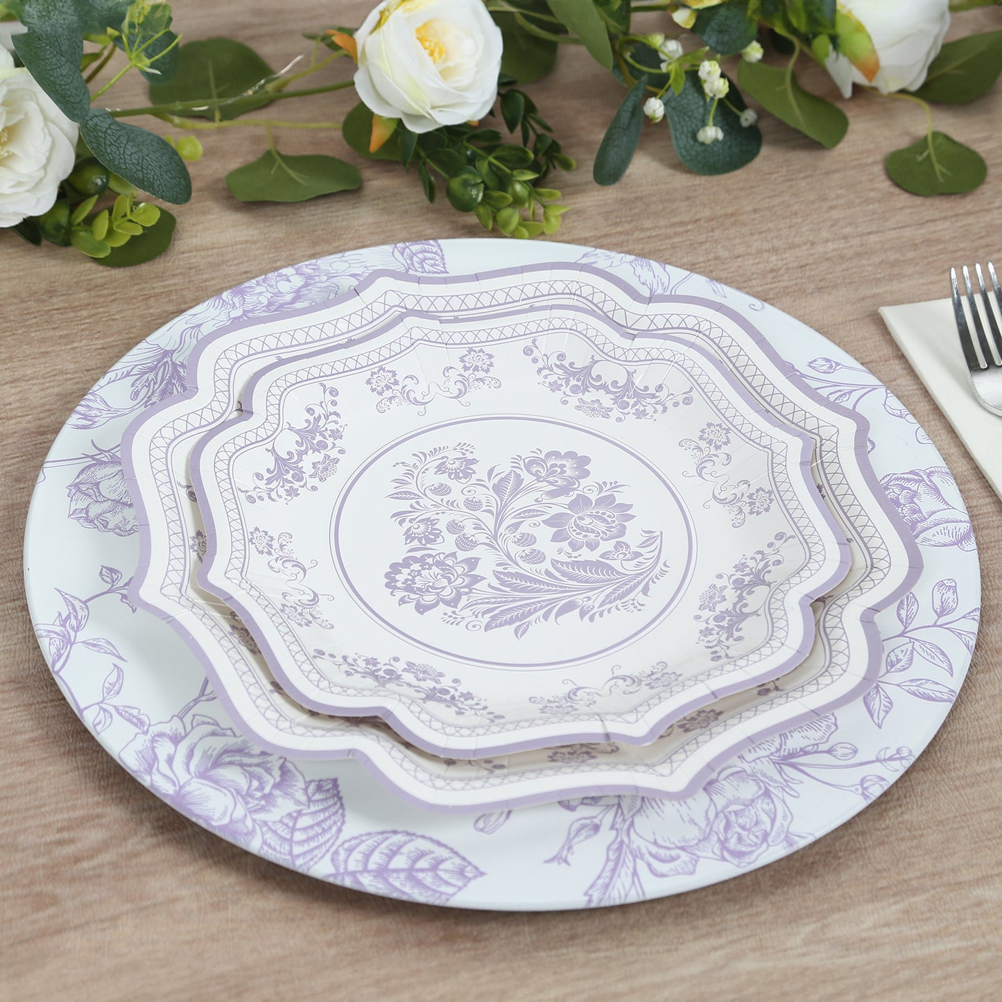 6 Pack Round Floral Acrylic Charger Plates in French Toile Pattern, 13" Matte Lavender and White Dinner Charger Event Tabletop Decor