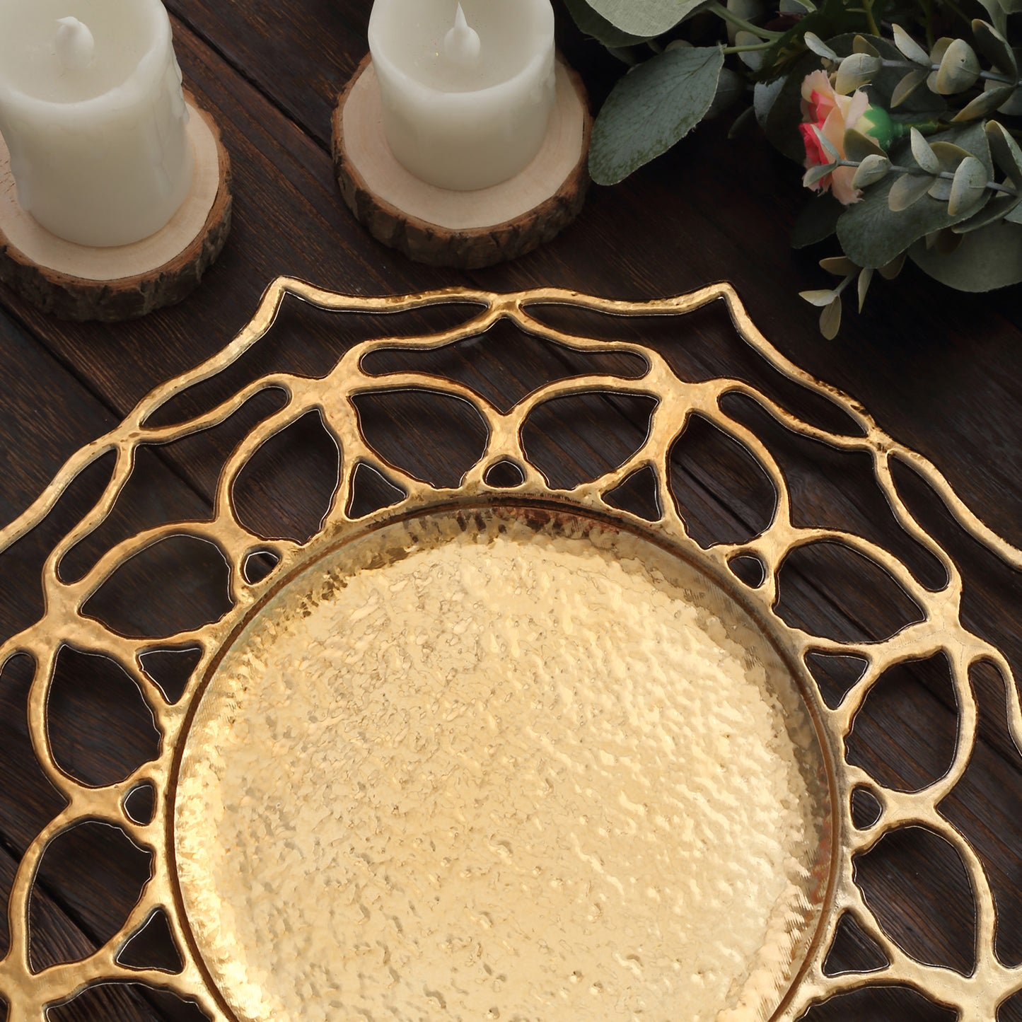 6 Pack | 13" Gold Hollow Flower Acrylic Charger Plates, Floral Cutout Decorative Plastic Serving Plates