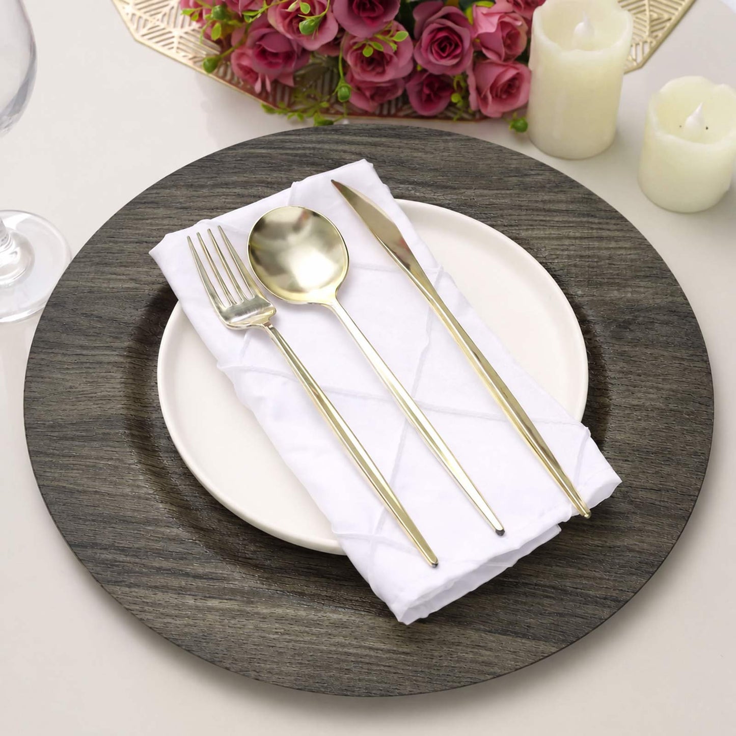 12 Pack 13" Plastic Round Charger Plates, Gray with Faux Wood Finish, Rustic Boho Chic Dinner Party