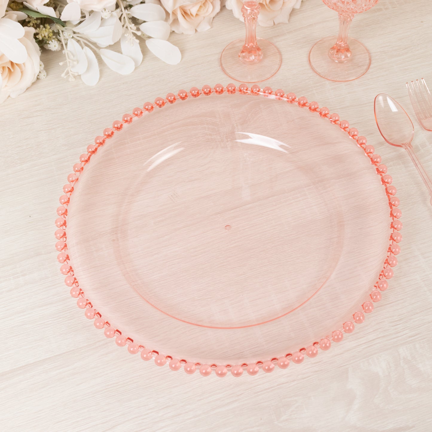 Blush Clear Round Charger Plates Six Pack 12 Inch Acrylic Beaded Rim