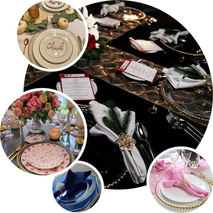 White round dinner plates with silver beaded rim for festive occasions.