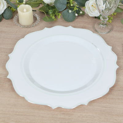 Exquisite White Plastic Charger Plates with a Silver Scalloped Rim Exquisite White Plastic Charger Plates with a Silver Scalloped Rim