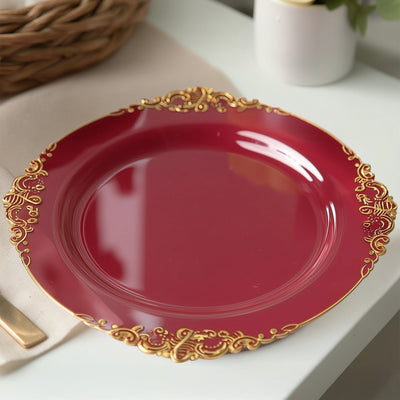 20-Pack Economy Plastic Charger Plates 13" Round Burgundy with Gold Embossed Baroque Rim 20-Pack Economy Plastic Charger Plates 13" Round Burgundy with Gold Embossed Baroque Rim