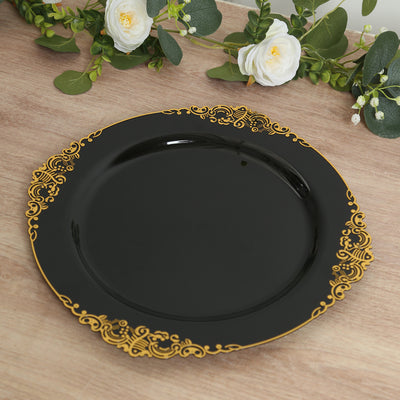 20-Pack Economy Plastic Charger Plates 13" Round Black with Gold Embossed Baroque Rim 20-Pack Economy Plastic Charger Plates 13" Round Black with Gold Embossed Baroque Rim