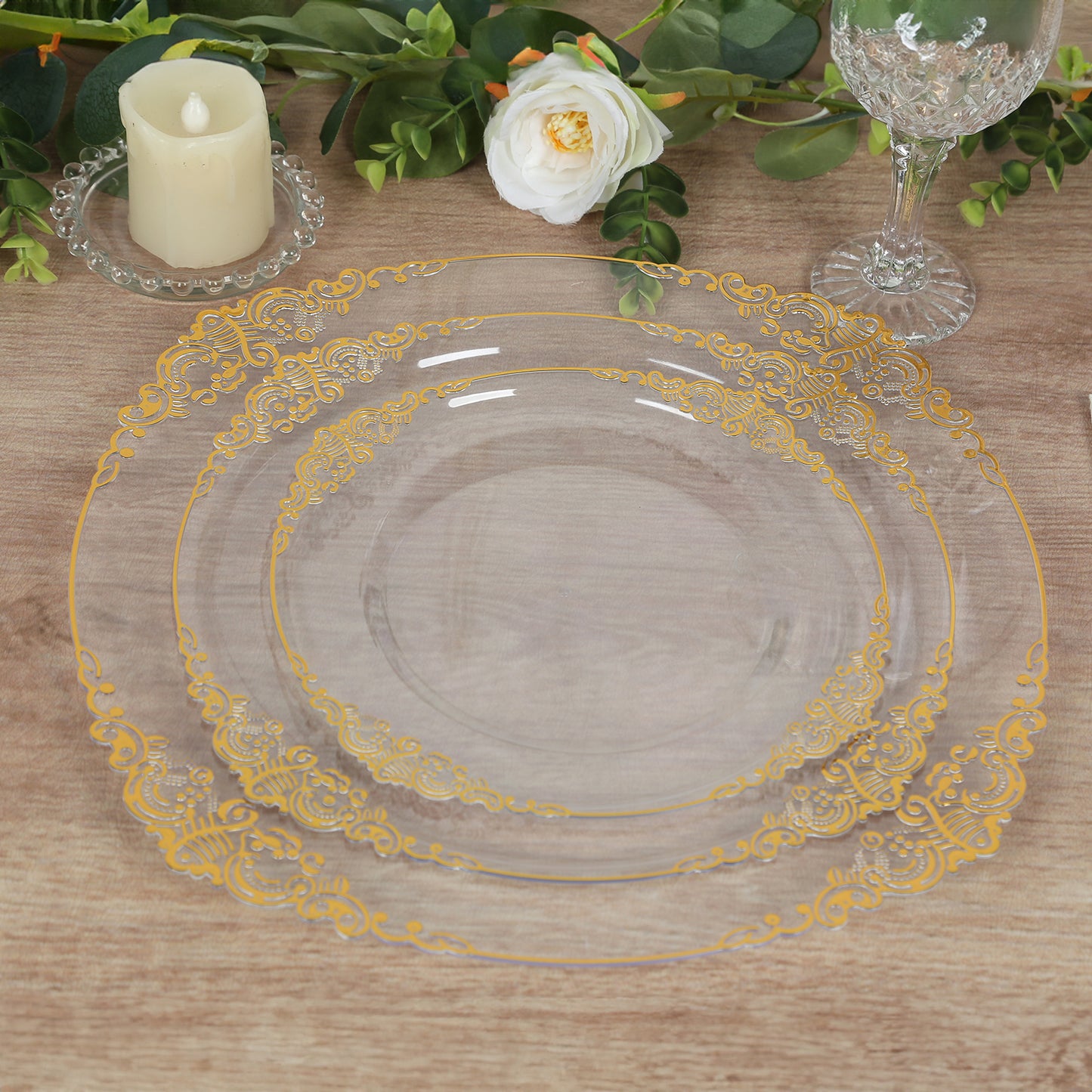 20-Pack Economy Plastic Round Charger Plates 13" in Clear with Gold Embossed Baroque Rim, Stylish Dinner Party Serving Plates