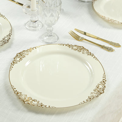 20-Pack Economy Plastic Charger Plates 13" Round Ivory with Gold Embossed Baroque Rim 20-Pack Economy Plastic Charger Plates 13" Round Ivory with Gold Embossed Baroque Rim
