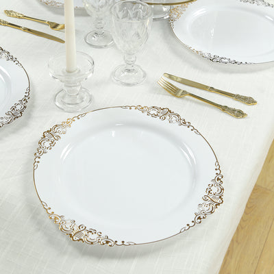 20-Pack Economy Plastic Charger Plates 13" Round White with Gold Embossed Baroque Rim 20-Pack Economy Plastic Charger Plates 13" Round White with Gold Embossed Baroque Rim