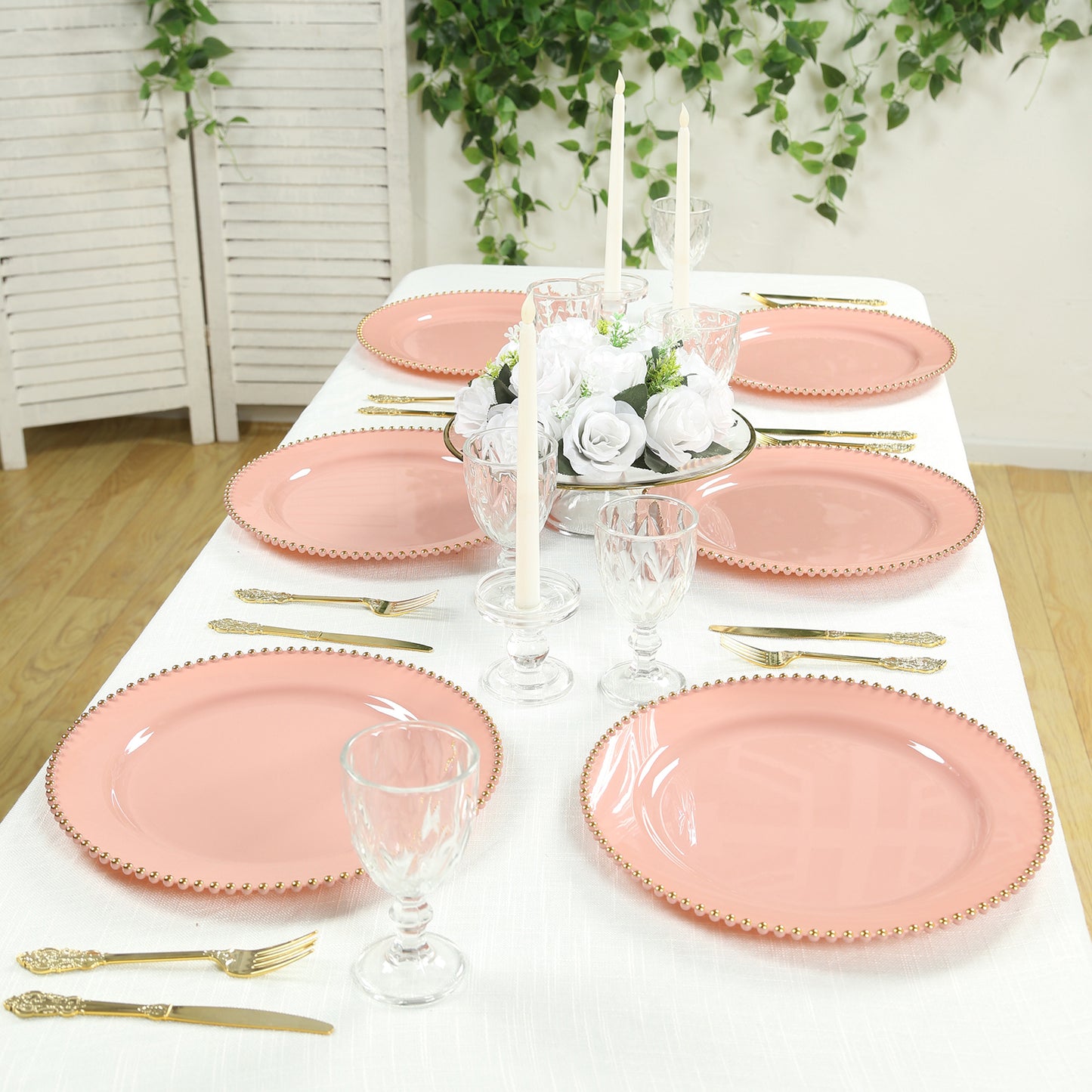 10-Pack Economy Round Plastic Charger Plates 13" in Dusty Rose with Gold Beaded Rim, Stylish Dinner Party Serving Plates