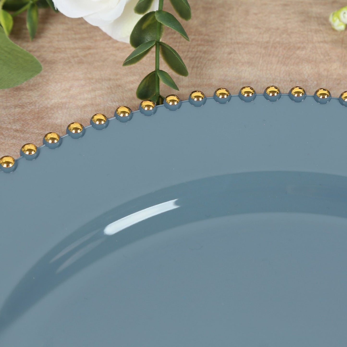 10-Pack Economy Round Plastic Charger Plates 13" in Dusty Blue with Gold Beaded Rim, Stylish Dinner Party Serving Plates