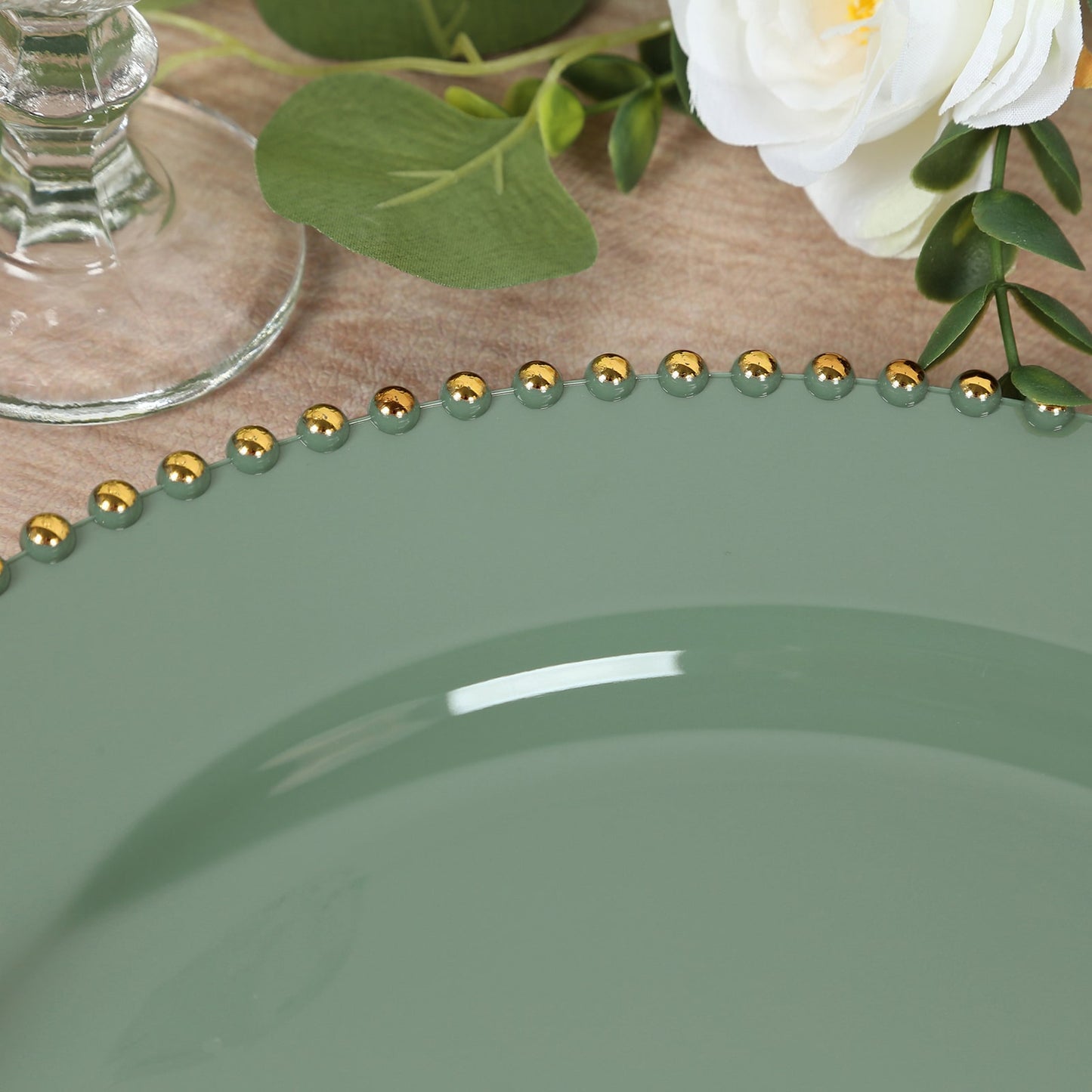 10-Pack Economy Round Plastic Charger Plates 13" in Dusty Sage Green with Gold Beaded Rim, Stylish Dinner Party Serving Plates