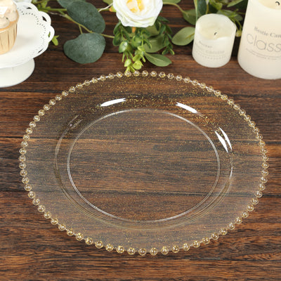 10-Pack Clear Charger Plates with Gold Glitter & Beaded Rim 10-Pack Clear Charger Plates with Gold Glitter & Beaded Rim