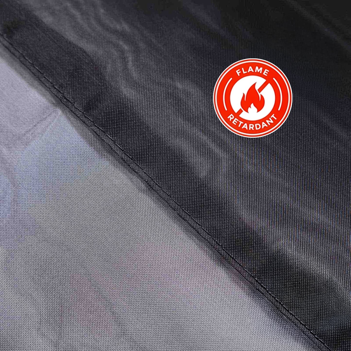 Black sheer ceiling drape curtain panel, durable and flame resistant.