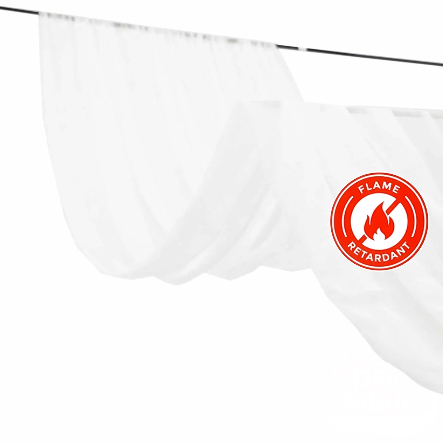 White sheer ceiling drape curtain panels, durable and flame resistant.