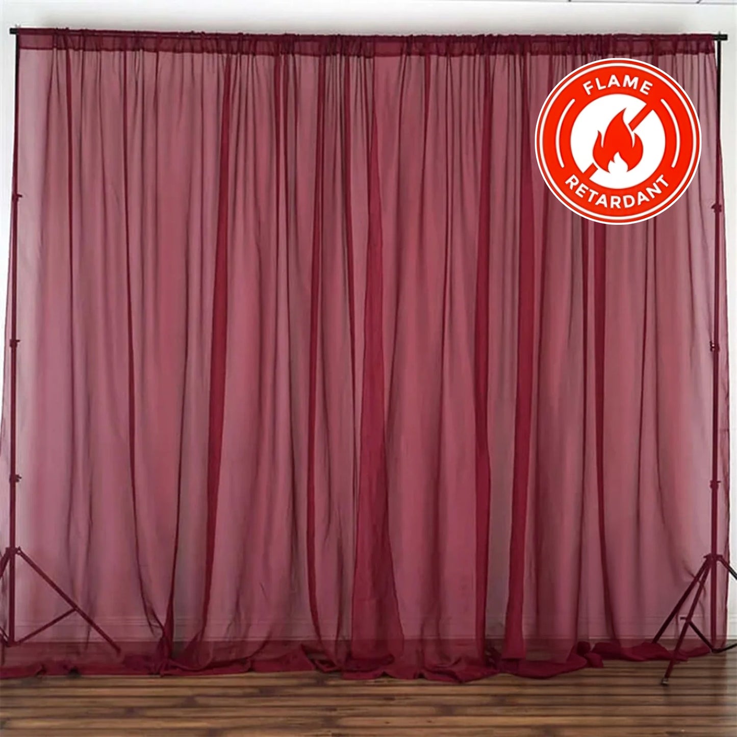 2 Pack Burgundy Sheer Chiffon Event Curtain Drapes, Durable Flame Resistant Organza Backdrop Event Panels With Rod Pockets - 10ftx10ft