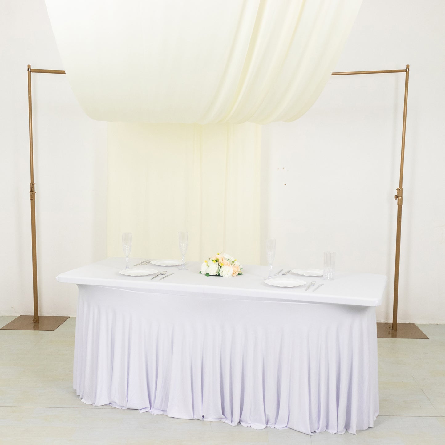 Ivory 4-way stretch spandex drapes, wrinkle-free backdrop for events.