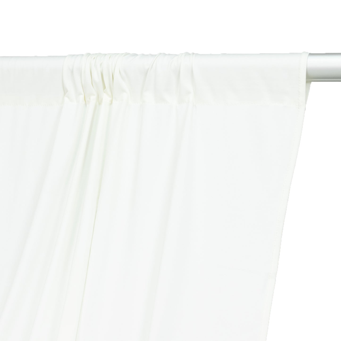 Ivory 4-way stretch spandex event curtain drapes with rod pockets.