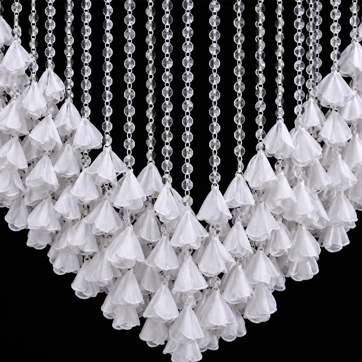 Clear Acrylic Beaded Curtain Valance with White Flower Petals – Backdrop Topper for Stage, Arch & Ev