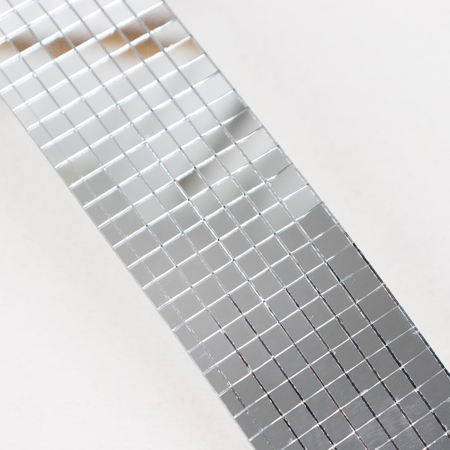Silver self-adhesive glass mirror mosaic rolls, 9ft mini square tiles.