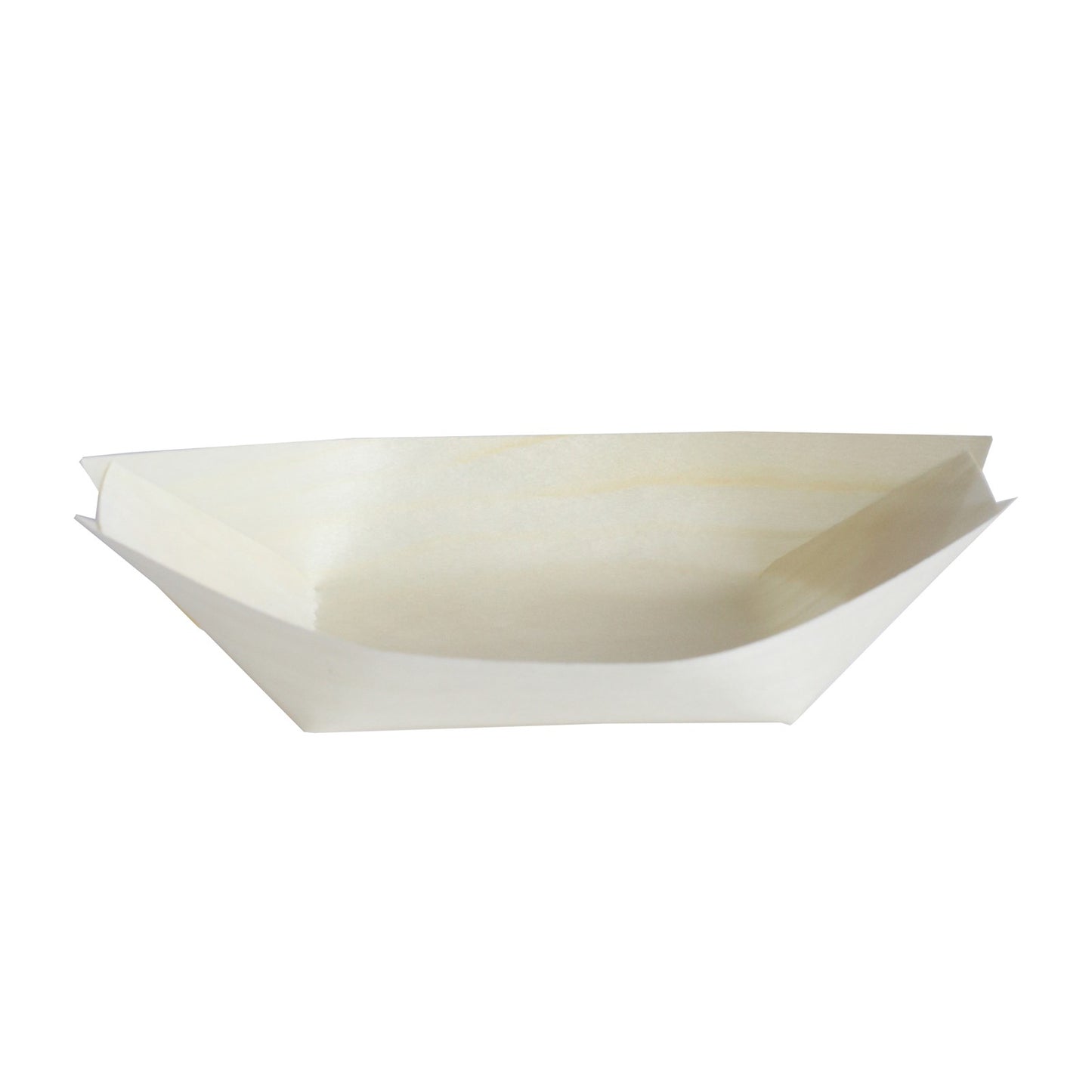 Natural biodegradable wooden boat-shaped food plate in light beige.
