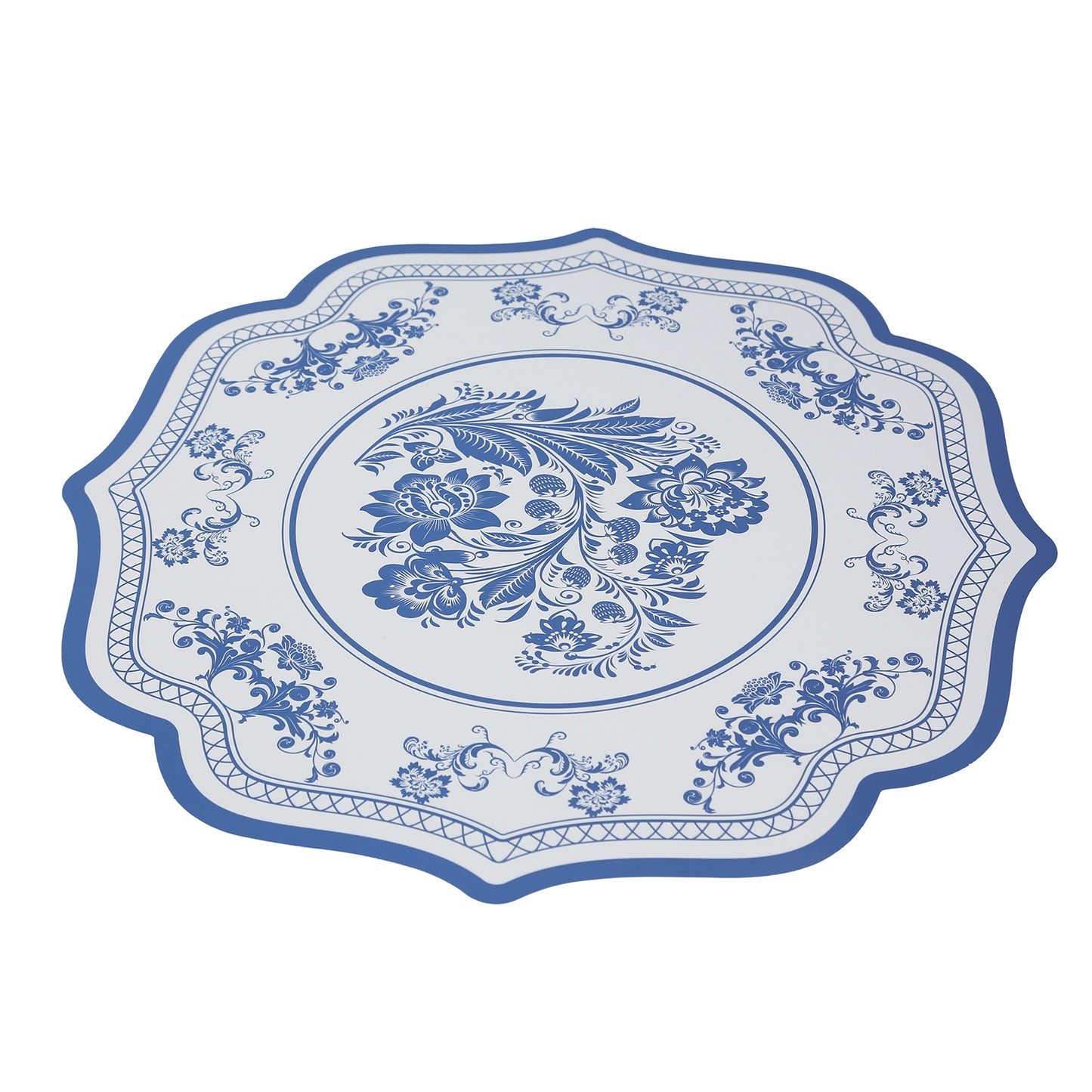 10 Pack Cardboard Paper Table Mats with White Royal Blue Damask Floral Pattern, 13" Round Disposable Placemats with Scalloped Rim - 400 GSM