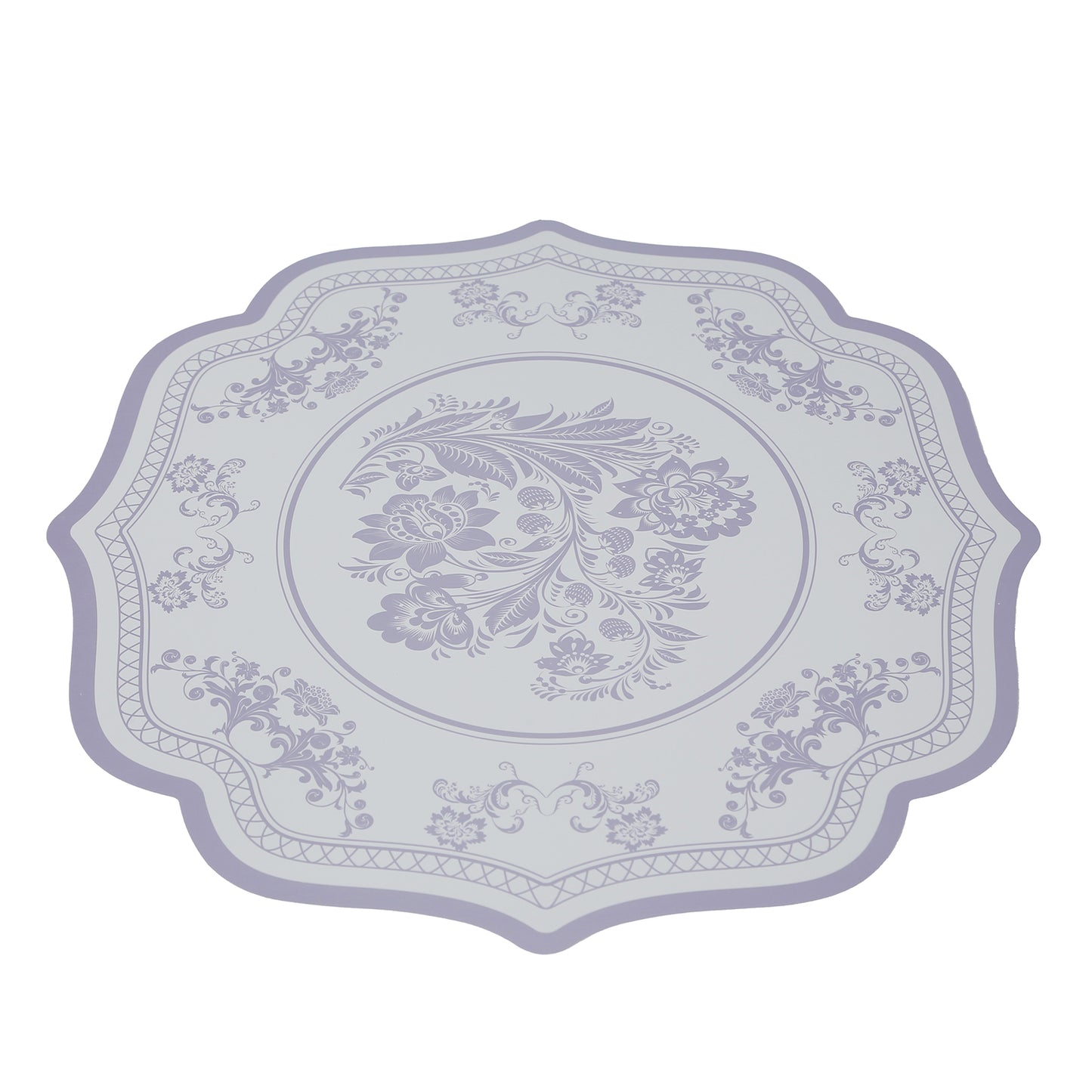 10-Pack Disposable Table Placemats 13" Round Placemats in White with Lavender Damask Floral Pattern & Scalloped Rim - 400GSM Cardboard Placemats for Stylish Table Setting