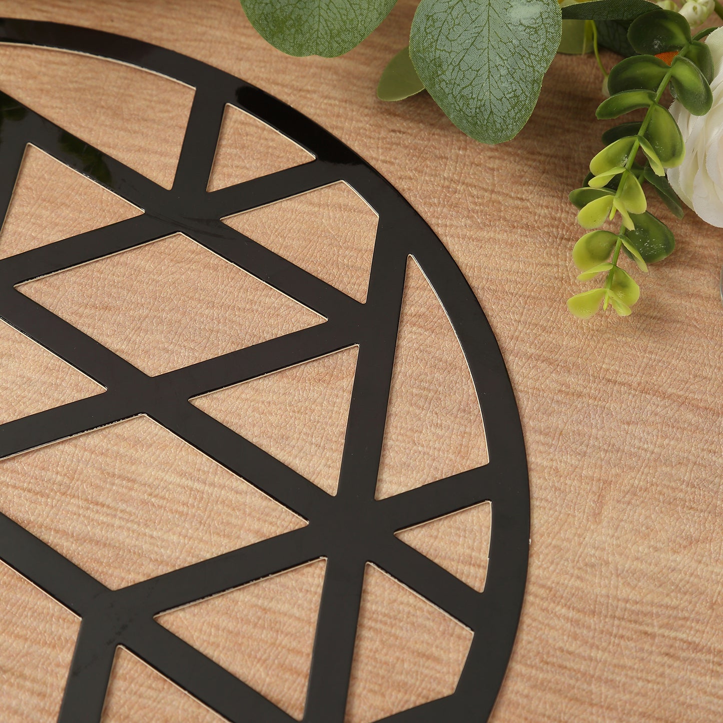 6 Pack Black Laser Cut Geometric Triangle Cardboard Dining Table Mats, 13" Round Disposable Placemats - 700 GSM