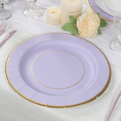Disposable Round Charger Plates 13" Lavender Sunray Design with Gold Rim Disposable Round Charger Plates 13" Lavender Sunray Design with Gold Rim