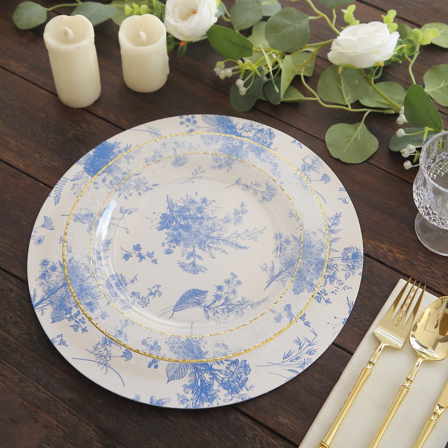6 Pack White Blue Cardboard Paper Charger Plates in French Toile Floral Pattern, 13" Round Disposable Placemats- 700 GSM