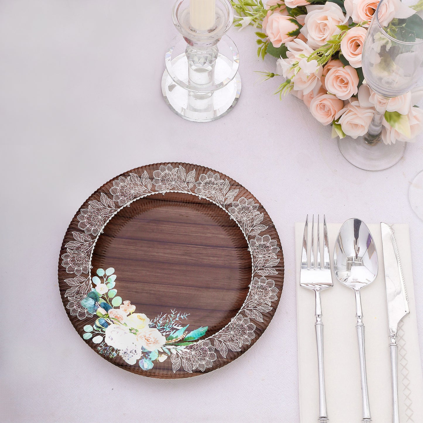 25 Pack Round Paper Charger Plates in Brown Rustic Wood Print, 13" Disposable Charger Plates With Floral Lace Rim