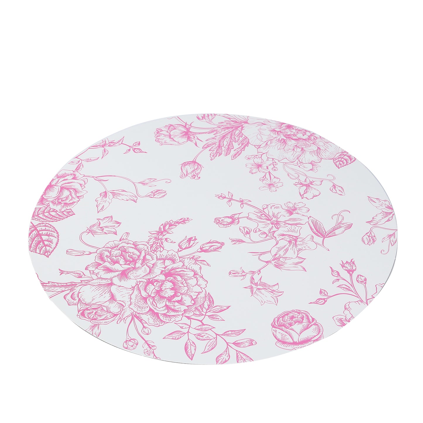 10 Pack 13" Disposable Placemats in French Toile Floral Pattern, Matte Pink and White Cardboard Paper Charger Plates
