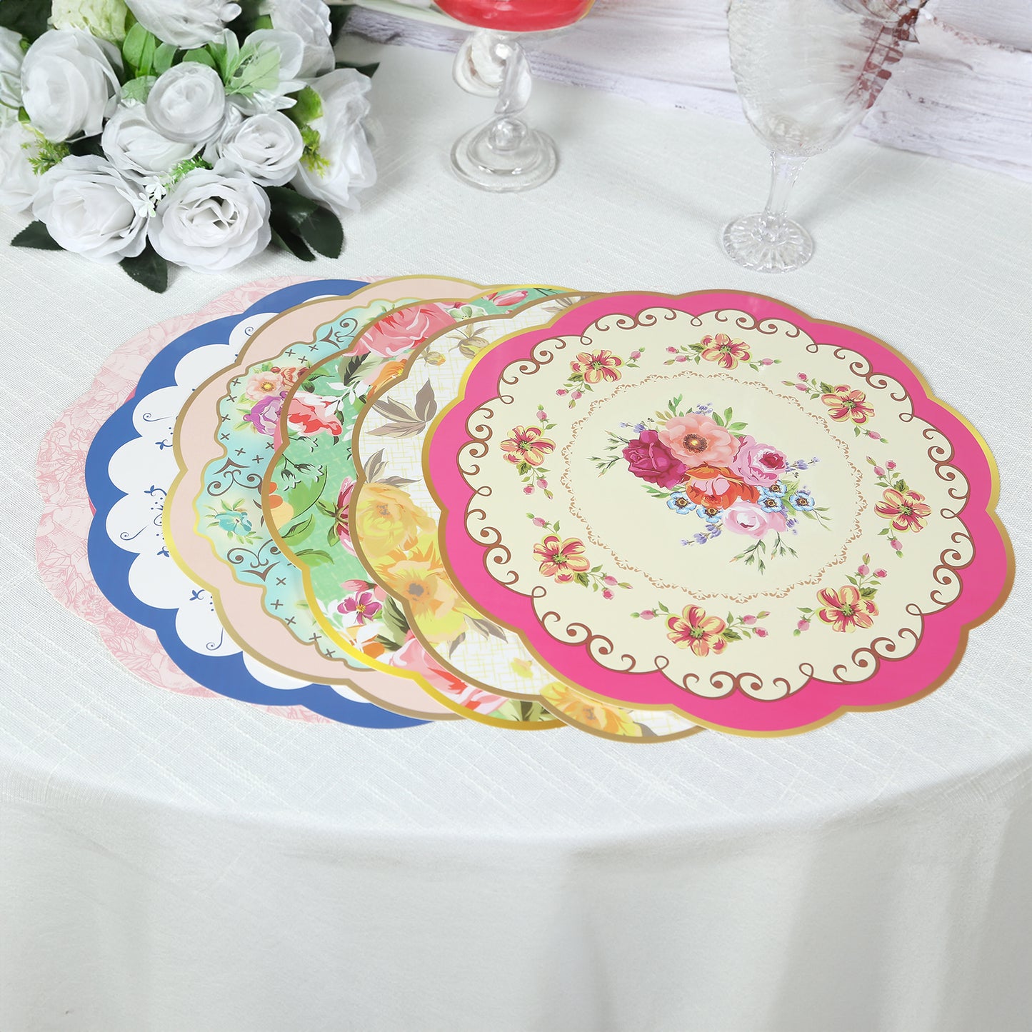 24 Pack Mixed Floral Tea Party Paper Table Mats with Scalloped Rim, 13" Round Disposable Placemats Cardboard Dinner Charger Plates - 400GSM