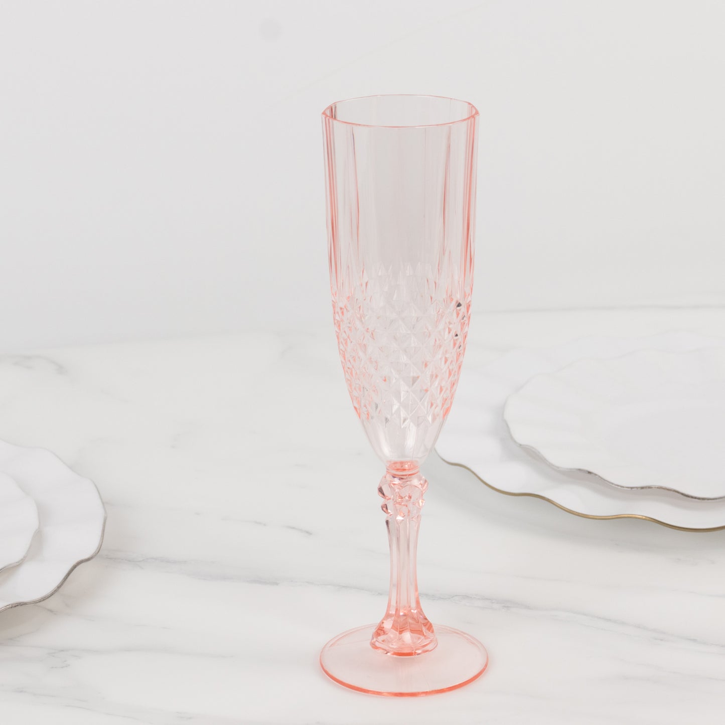 Transparent blush crystal cut reusable plastic flute glass, 8oz shatterproof.