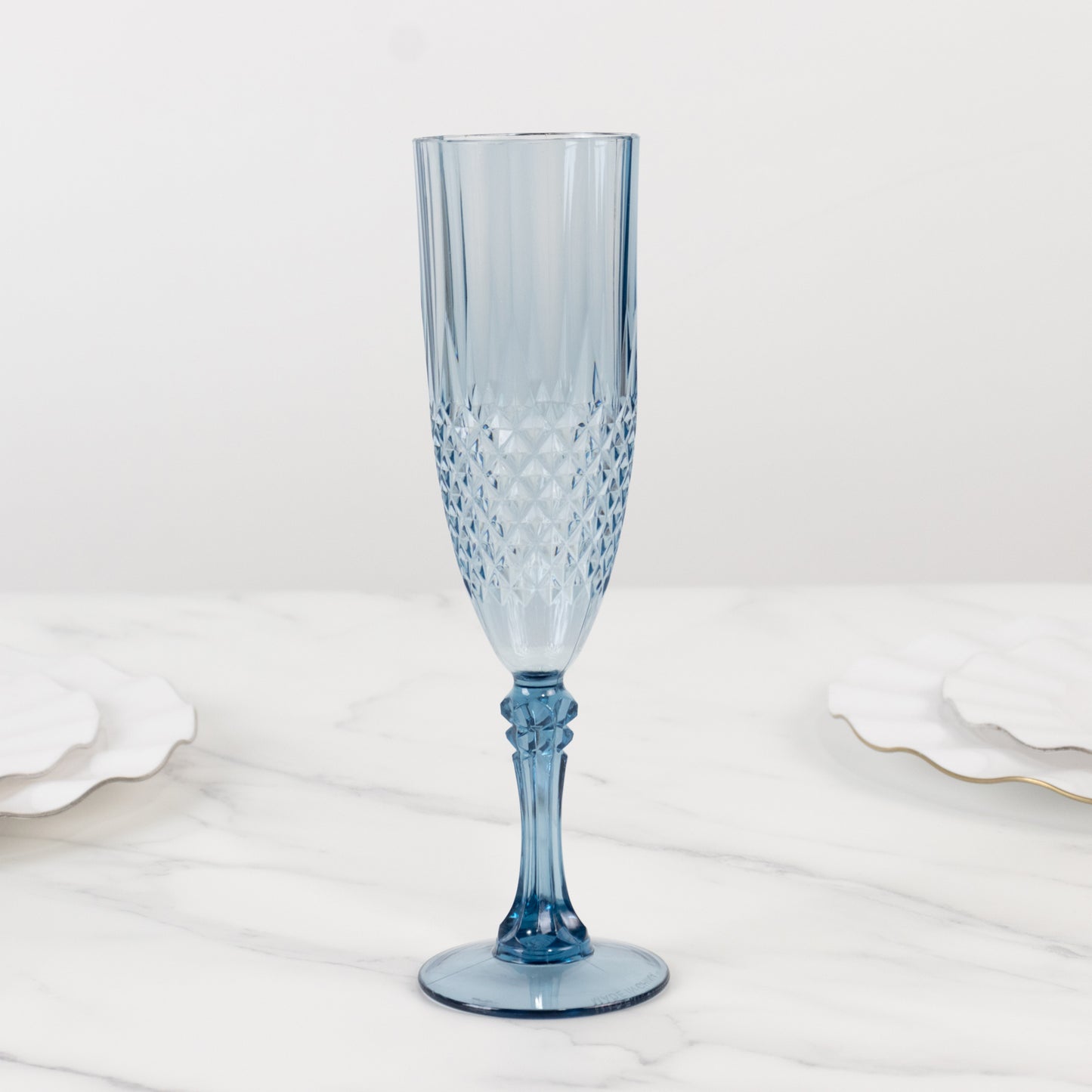 Dusty blue crystal cut reusable plastic wedding flute glass