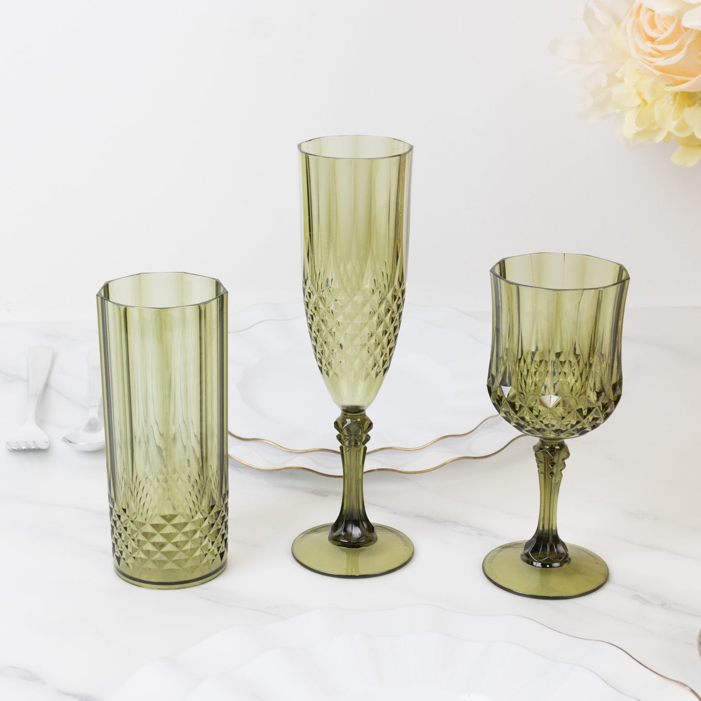 Dusty sage green transparent crystal cut wedding toast flutes, 6-pack.
