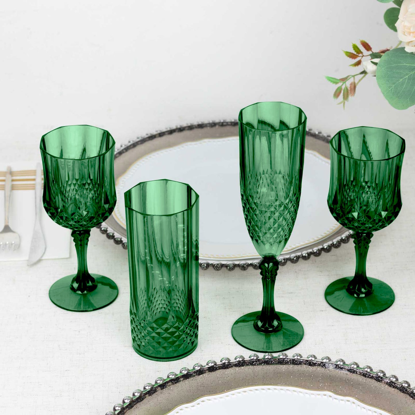 6 Pack 14oz Hunter Emerald Green Crystal Cut Reusable Plastic Cocktail Tumbler Cups, Shatterproof Tall Highball Drink Glasses