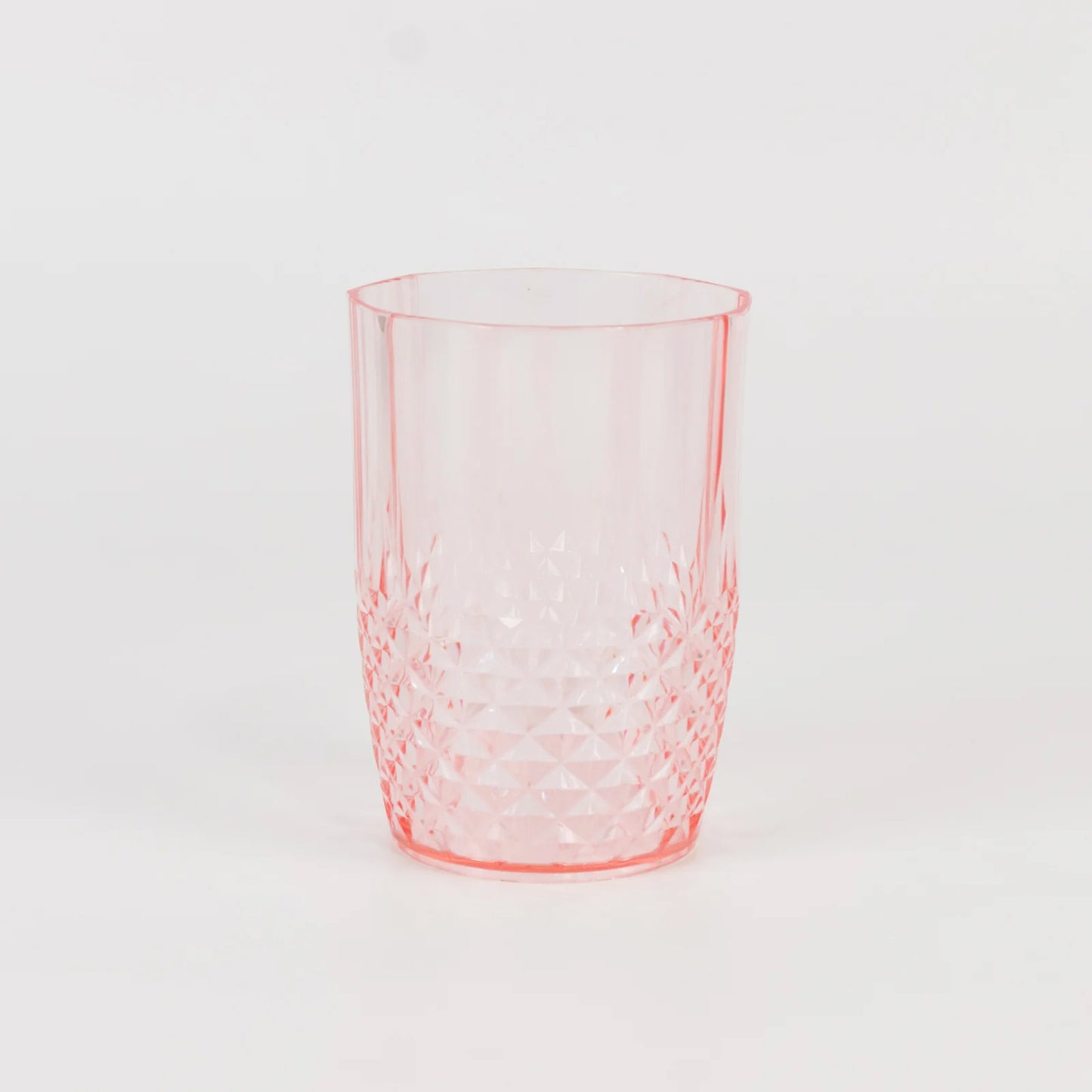 Transparent blush reusable plastic tumbler glass, 16oz crystal cut style.
