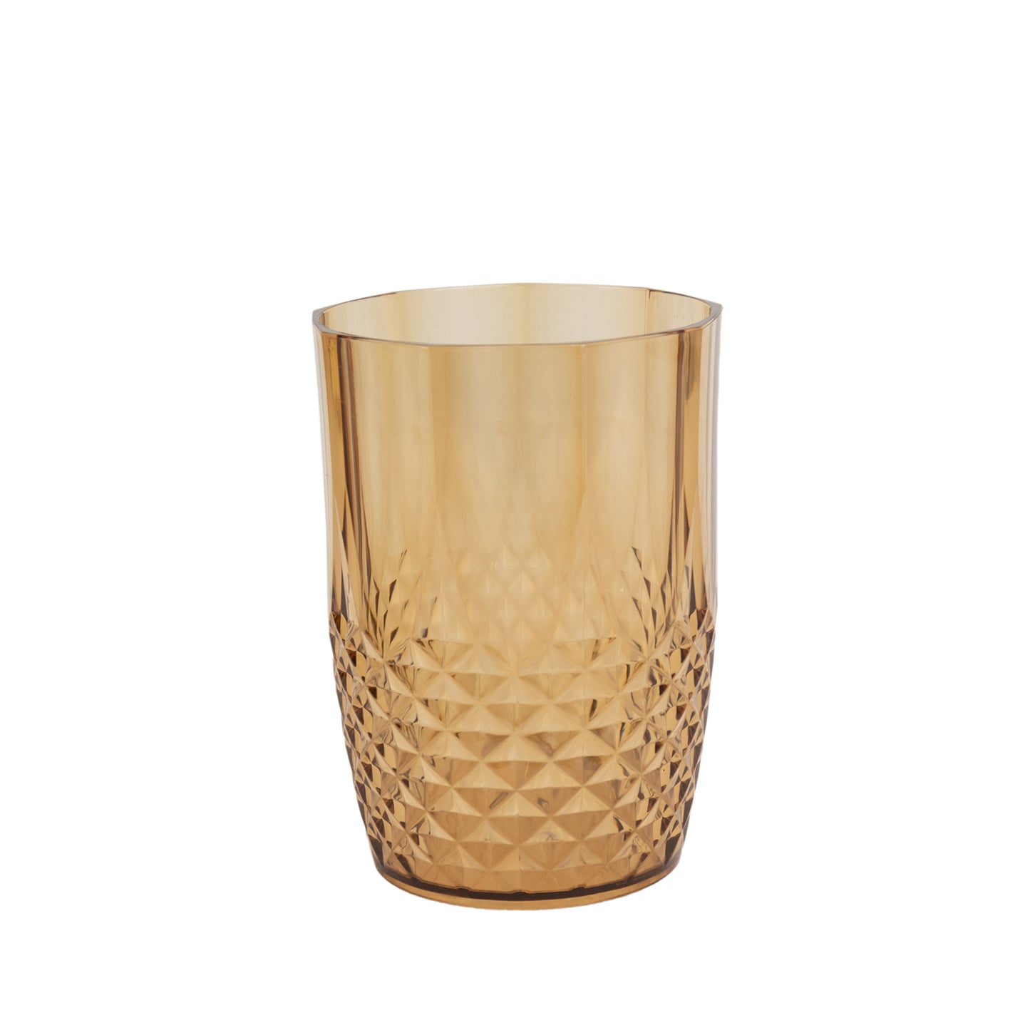 Amber gold reusable plastic tumbler glass in crystal cut style, 16oz.