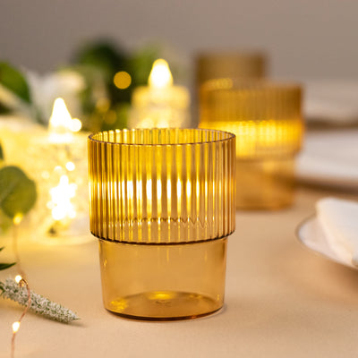 Shatterproof and Reusable Amber Gold Ribbed Plastic Tumblers Shatterproof and Reusable Amber Gold Ribbed Plastic Tumblers