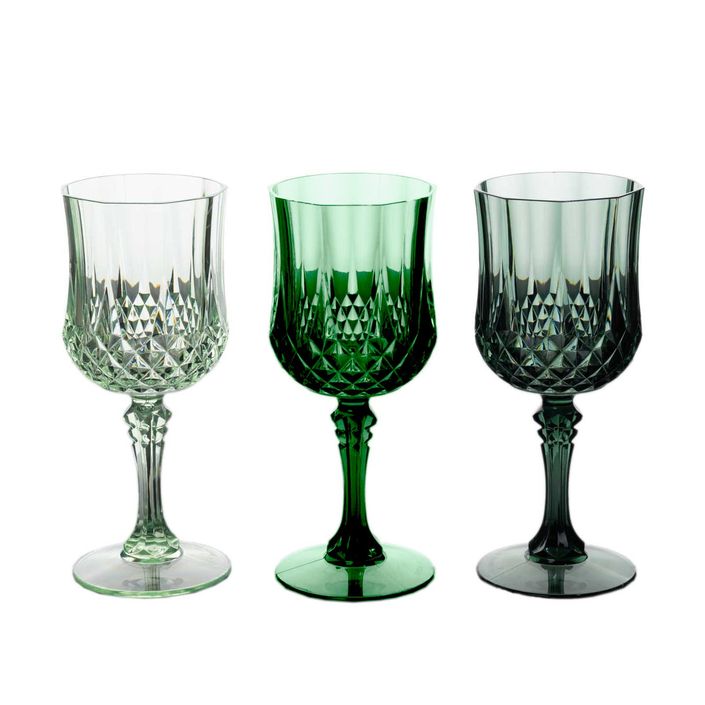 Assorted green crystal cut reusable plastic cocktail goblets.
