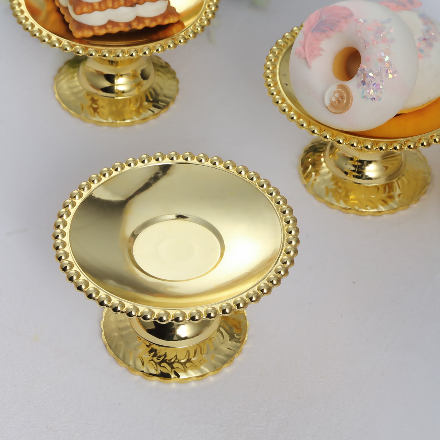 12 Pack | 5" Gold Mirror Finish Mini Plastic Pedestal Cake Stands With Beaded Rim, Disposable Round Cupcake Dessert Display Serving Plates