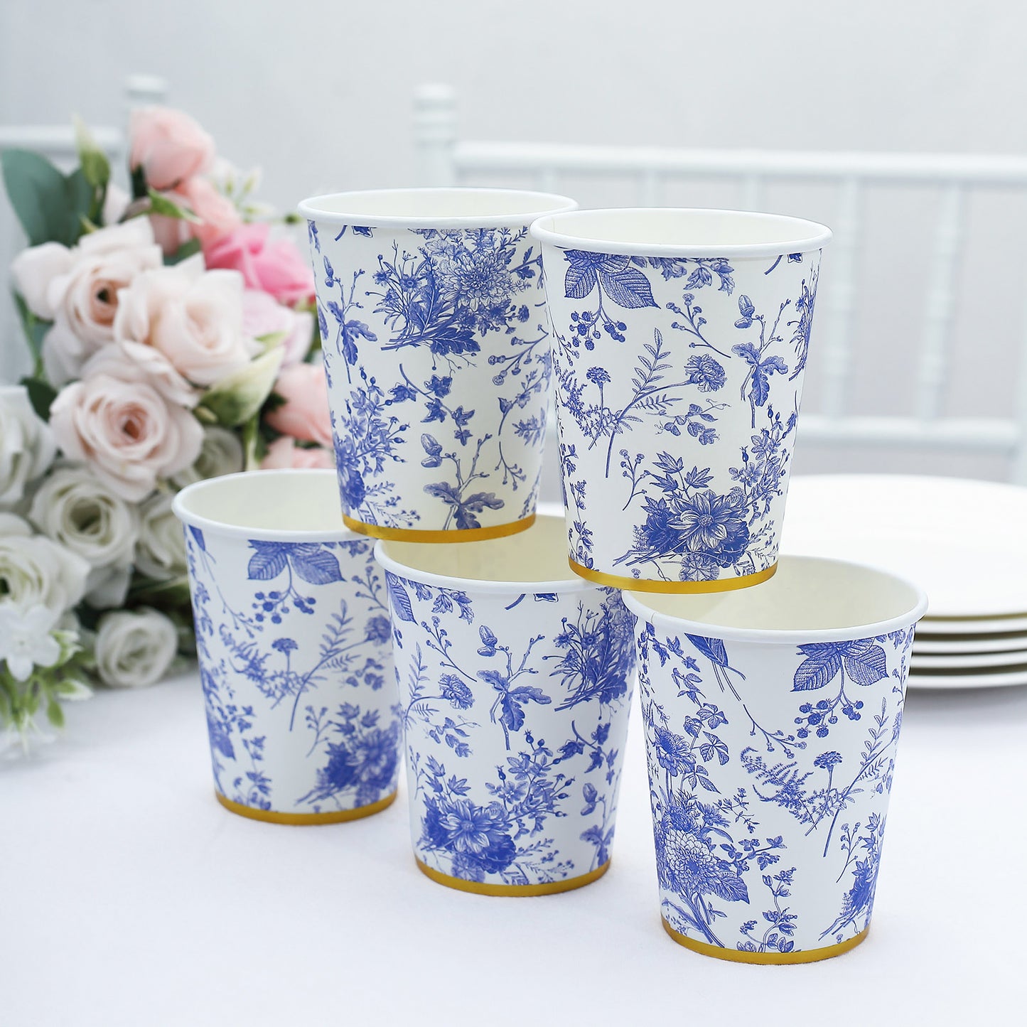 24 Pack Disposable Paper Cups in White Light Blue French Toile Pattern with Gold Rim, Elegant Party Cups - 9oz