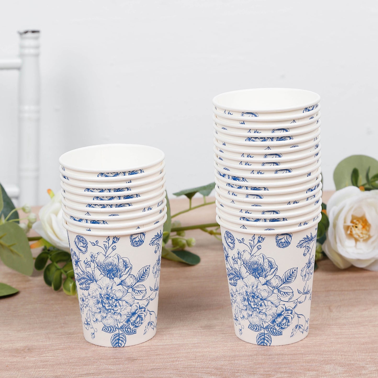 50-Pack Paper Cups in White with Blue French Toile Print - Stylish Disposable Floral Party Cups for Weddings & All Purpose Use 9oz